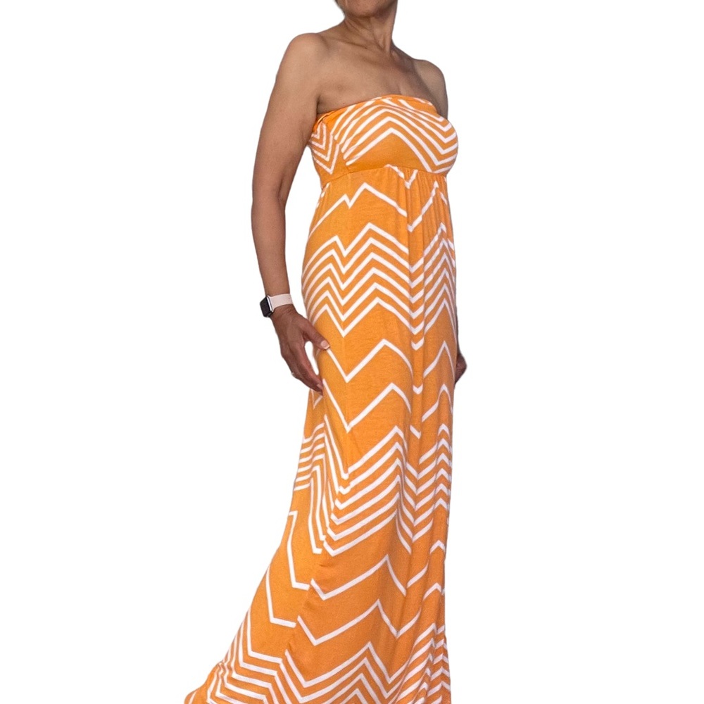 Design History Strapless Chevron Print Orange & White Maxi Dress Size S …